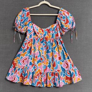 Amanda Uprichard Sicily Mini Dress M Orange Blue Miami Babydoll Puff Party